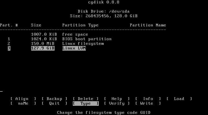 A correctly partitioned hard drive. cgdisk screen showing what a correctly partitioned drive looks like.
