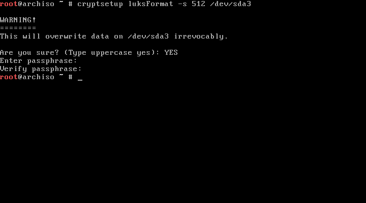 Cryptsetup. Terminal showing a successful cryptsetup format