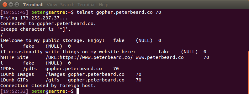 Please don't do this. Even if it does make you feel like a l33t h4x0r. Gopher protocol over a Telnet session.