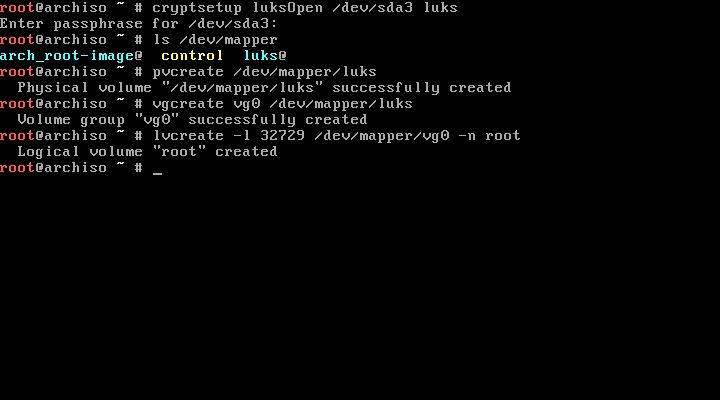 Terminal output Mounting the encrypted partition and creating the LVM group.